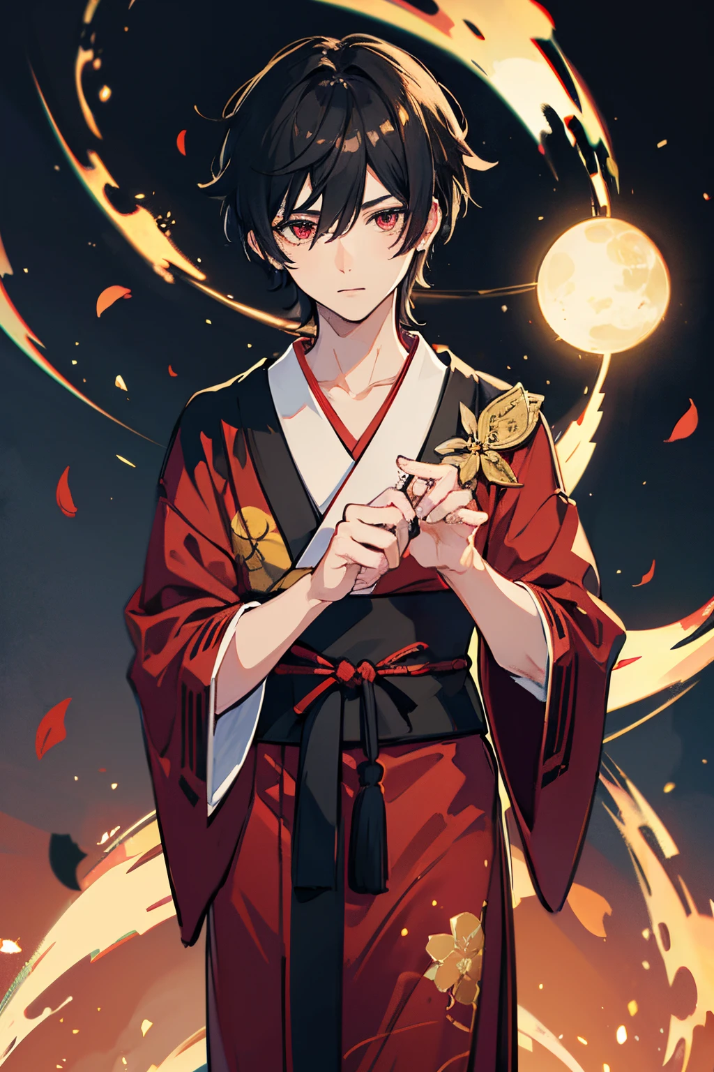 1 garçon, personnage masculin basé sur les jeux d&#39;impact genshin, illustrer dans un style artistique animé, il a les cheveux noirs légèrement bouclés et les yeux rouges, habiller le personnage masculin dans un yukata japonais traditionnel, Univers Genshin Impact, Ultra détaillé, Animations 2D, 4k