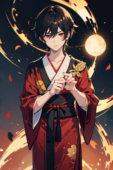 1 boy, male character based on genshin impact games, illustrate in anime art style, he has black slightly curly hair and red eye...