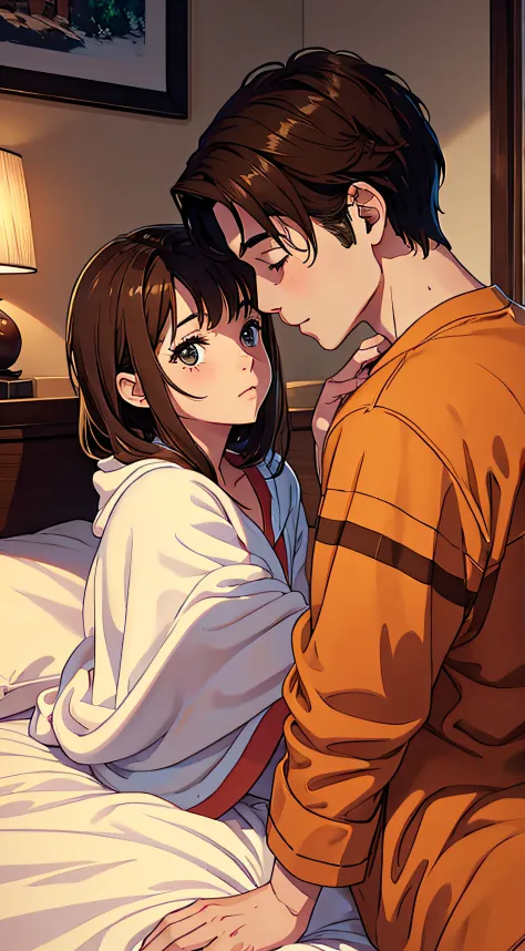 A girl with brown hair kisses a guy with brown hair in bed under a blanket. pajamas. Love. passion