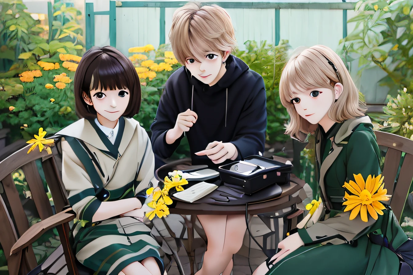 Personajes de anime sentados en el jardín.，Hay flores y pájaros en el jardín., Kaiba Jiu-Jitsu, arte oficial, obra de arte oficial del anime, Fanart de alta calidad, El anime recomendado de hoy sigue siendo, Autor：Estudio de pintor anime., Cazador a tiempo completo, Pinturas de anime, una portada de anime, dibujado en el estudio de pintor de anime, Fanart oficial, Sarsura, Cazador a tiempo completo, anime exuberante bosque john 8k