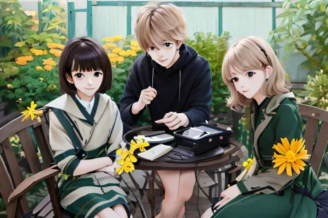 Anime characters sitting in the garden，There are flowers and birds in the garden, Kaiba Jiu-Jitsu, offcial art, Official anime a...