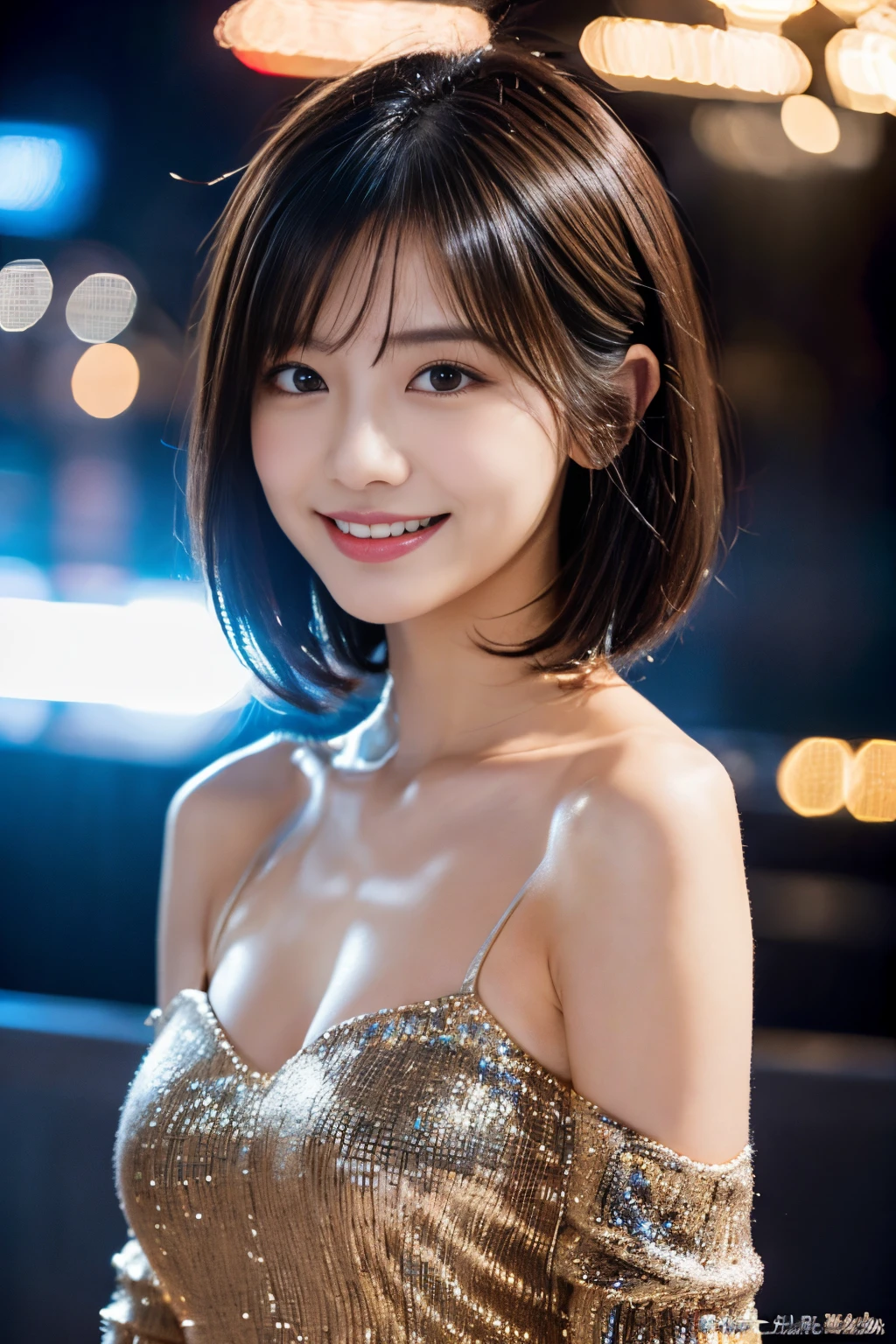 Glittering night view、sexy dress、Provocative smile、short-haired、Beautiful Japan actress、sakimichan、cinematric light， realisticlying， tmasterpiece， best qualtiy， Complex CG，Highly detailed face，High detail eyes，