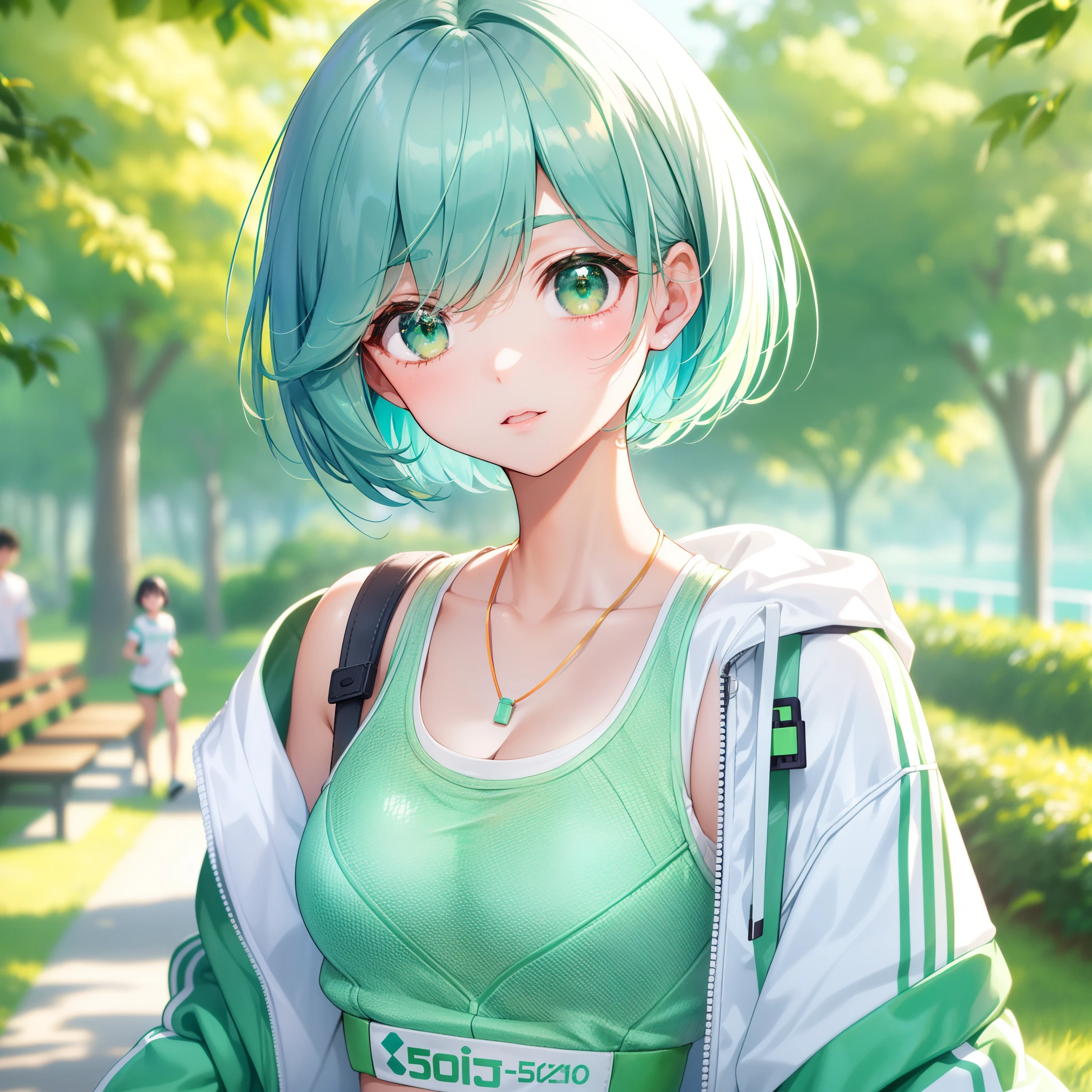A 15-year-old girl named Mizuha walking in a park. She has bright mint green short hair styled lightly upwards in the front and vivid green eyes. She's 154 cm tall with an athletic build. Mizuha is wearing a sporty and casual outfit, primarily in mint green and white, with comfortable sneakers, a jacket, and a sports watch. She exudes a clear, pure expression, embodying her energetic and sociable personality. The scene is vibrant and lively, reflecting her love for outdoor activities.