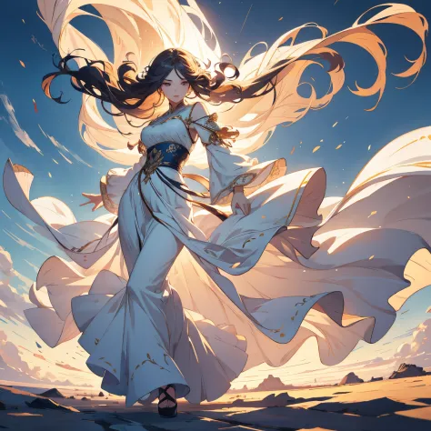 I girl, long flowing hair, long dress billowing in the wind intricately detailed, mid action walking pose, perfect anatomy, perf...