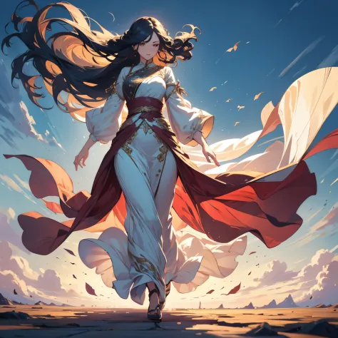 I girl, long flowing hair, long dress billowing in the wind intricately detailed, mid action walking pose, perfect anatomy, perf...