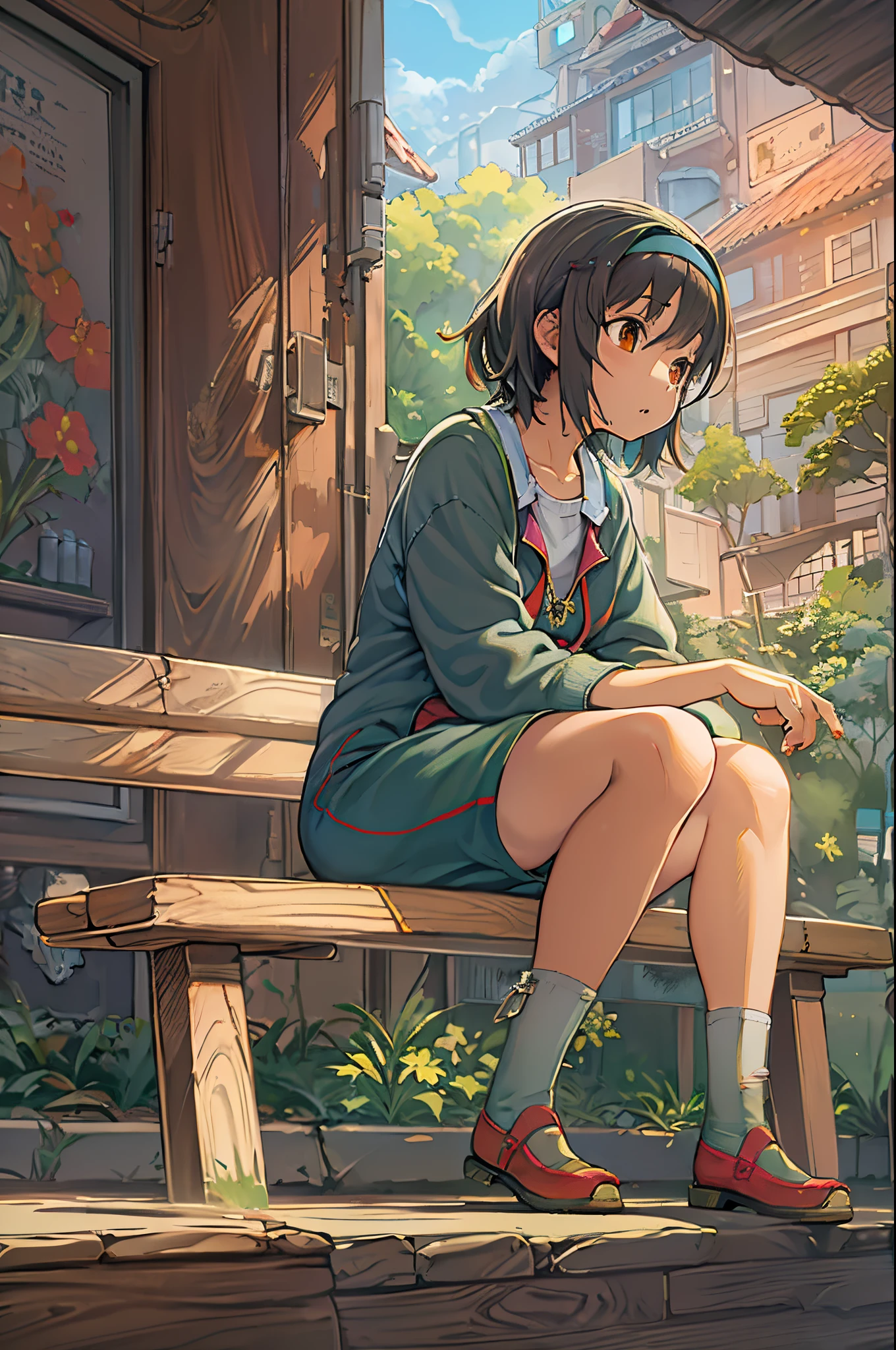 Anime girl sitting on a wooden bench with a suitcase, makoto shinkai art style, Shinkai Makoto style, painted in anime painter studio, By Shinkai Makoto. a digital rendering, lofi-girl, ( ( By Shinkai Makoto ) ), in the style of makoto shinkai, anime style 4 k, style of makoto shinkai, made with anime painter studio