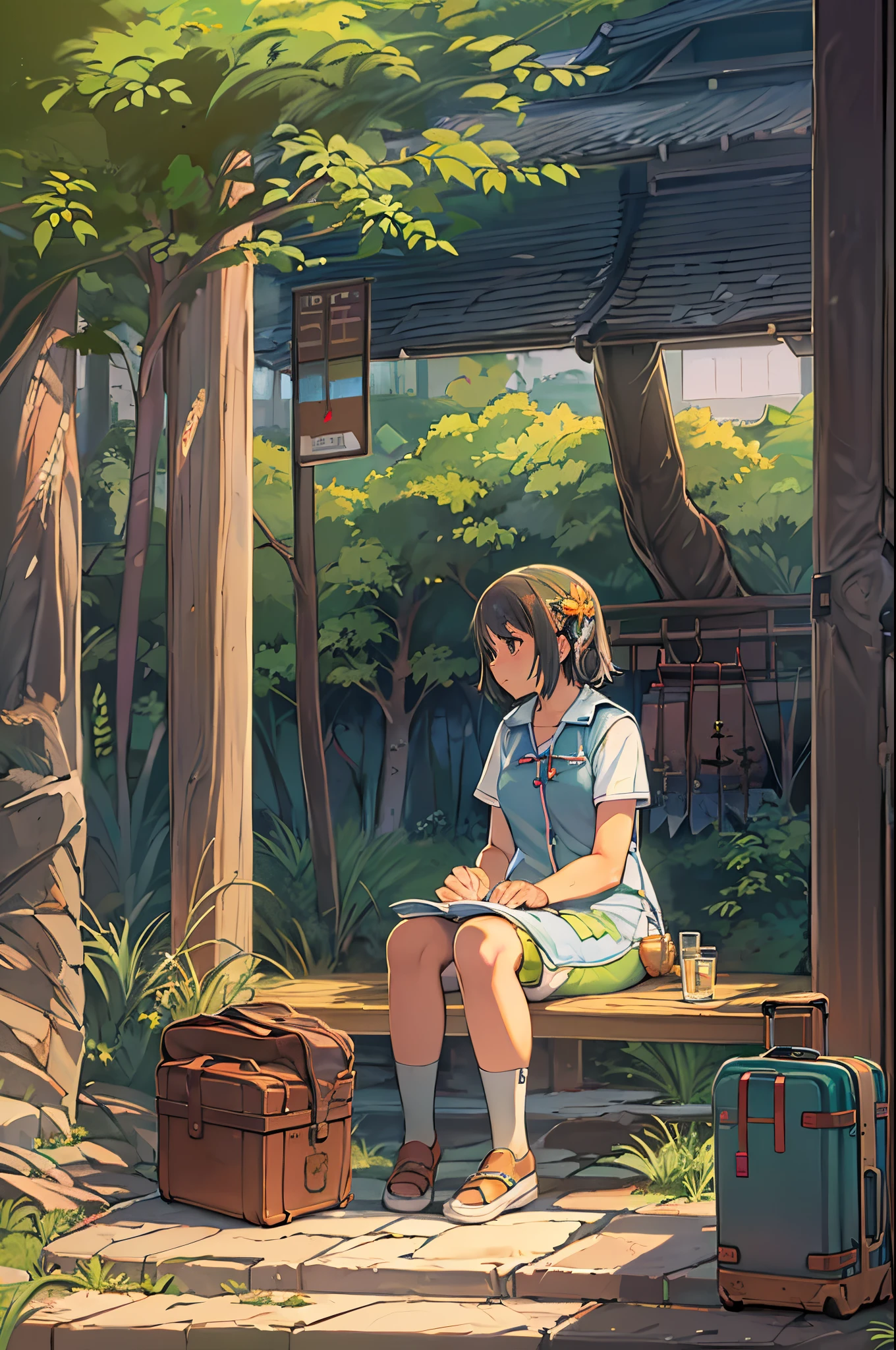 Anime girl sitting on a wooden bench with a suitcase, makoto shinkai art style, Shinkai Makoto style, painted in anime painter studio, By Shinkai Makoto. a digital rendering, lofi-girl, ( ( By Shinkai Makoto ) ), in the style of makoto shinkai, anime style 4 k, style of makoto shinkai, made with anime painter studio