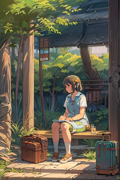 Anime girl sitting on a wooden bench with a suitcase, makoto shinkai art style, Shinkai Makoto style, painted in anime painter s...