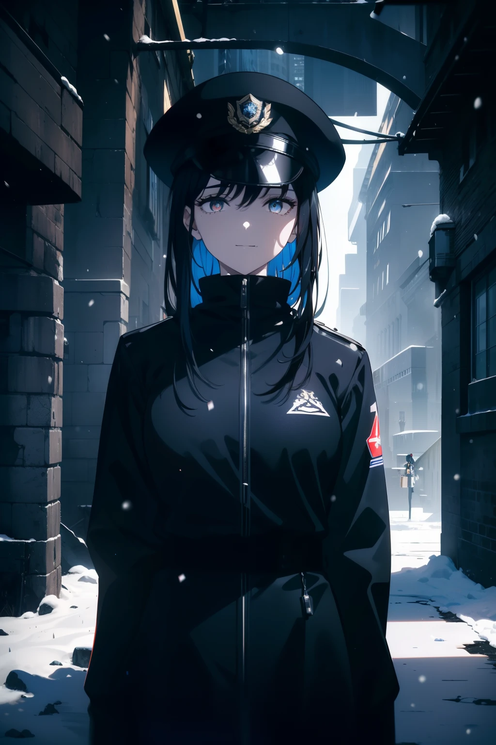 ((Obra maestra, La mejor calidad, ultrahigh resolution)), ((two woman, in foreground, subject focuses)), ((((standing next to each other)))), confidant stances, ((((two police officers, wearing blue police attire, police)))), (wearing beat cop hat black, black beat cop hat), ((black hair, dark black hair)), long hair cut, pale skin, ((brown eyes)), glowing_eyes, neon eyes, (ultra detailed eyes:0.7, beautiful and detailed faces, detailed eyes:0.9), ((centered)), smile, facing viewer, eye level, ((vibrant background, snowy landscape, cityscape, snowing, snow)), flat chested, looking at viewer, ((half closed eyes)), ((perfect hands)), ((heads:1, armored arms, hips, elbows, in view:1)), (((hands behind back))), empty eyes, beautiful lighting, outside, outdoors, background, defined subject, (25 years old), (((close to viewer)))