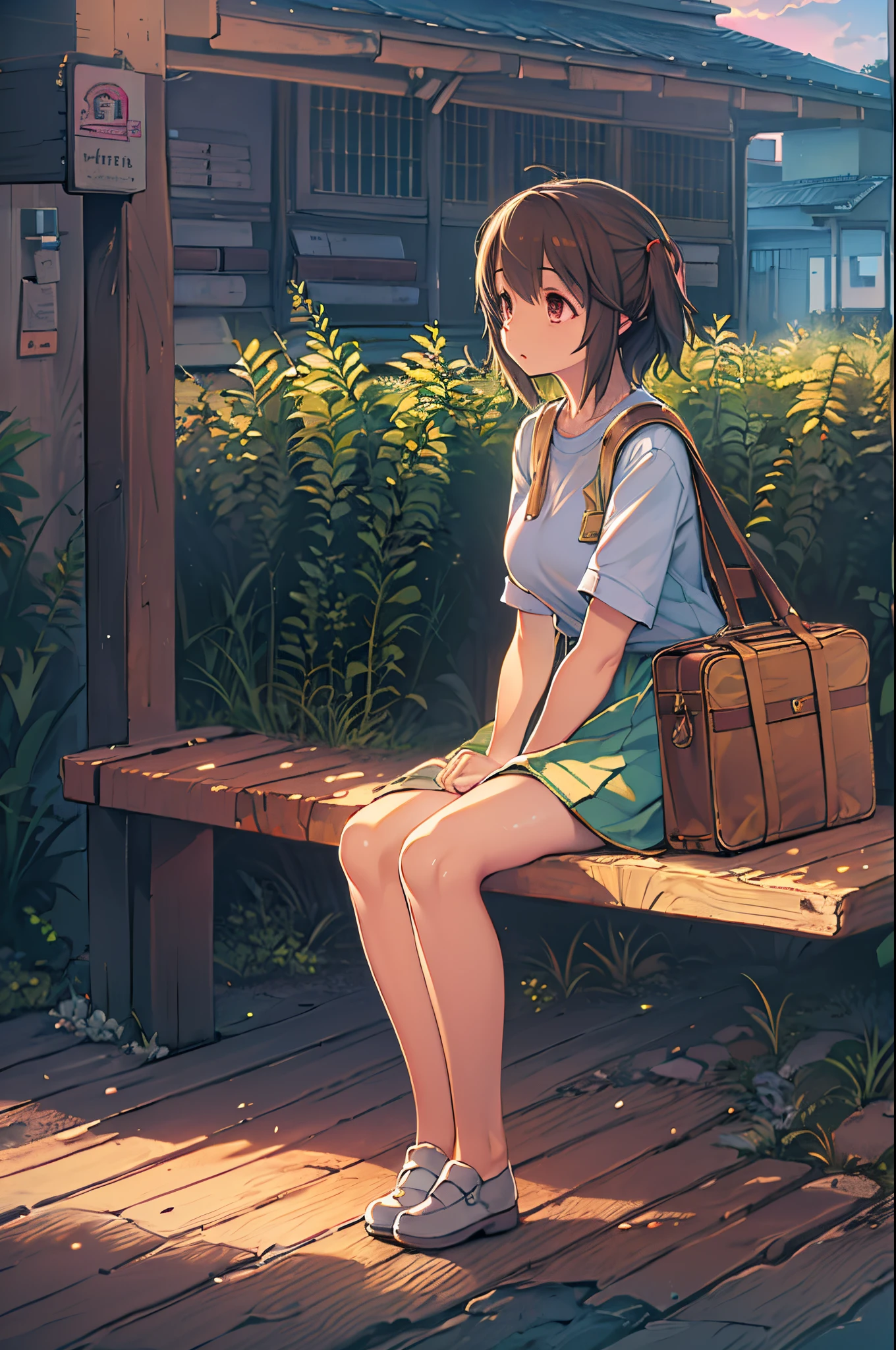 Anime-Mädchen sitzt mit einem Koffer auf einer Holzbank, Kunststil von Makoto Shinkai, Shinkai Makoto-Stil, gemalt im Anime-Malerstudio, Von Shinkai Makoto. eine digitale Darstellung, Lofi-Mädchen, ( ( Von Shinkai Makoto ) ), in the Stil des Makoto Shinkai, Anime-Stil 4k, Stil des Makoto Shinkai, erstellt mit Anime Painter Studio、Abendrot、bei Dämmerung