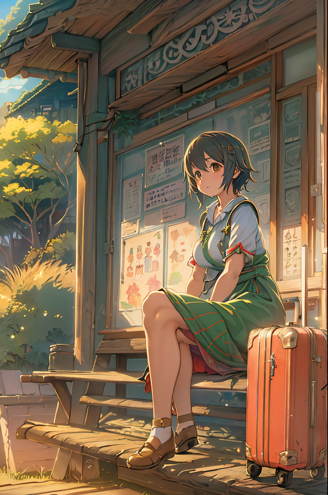 Anime girl sitting on a wooden bench with a suitcase, makoto shinkai art style, Shinkai Makoto style, painted in anime painter studio, By Shinkai Makoto. a digital rendering, lofi-girl, ( ( By Shinkai Makoto ) ), in the style of makoto shinkai, anime style 4 k, style of makoto shinkai, made with anime painter studio、Evening glow、At dusk