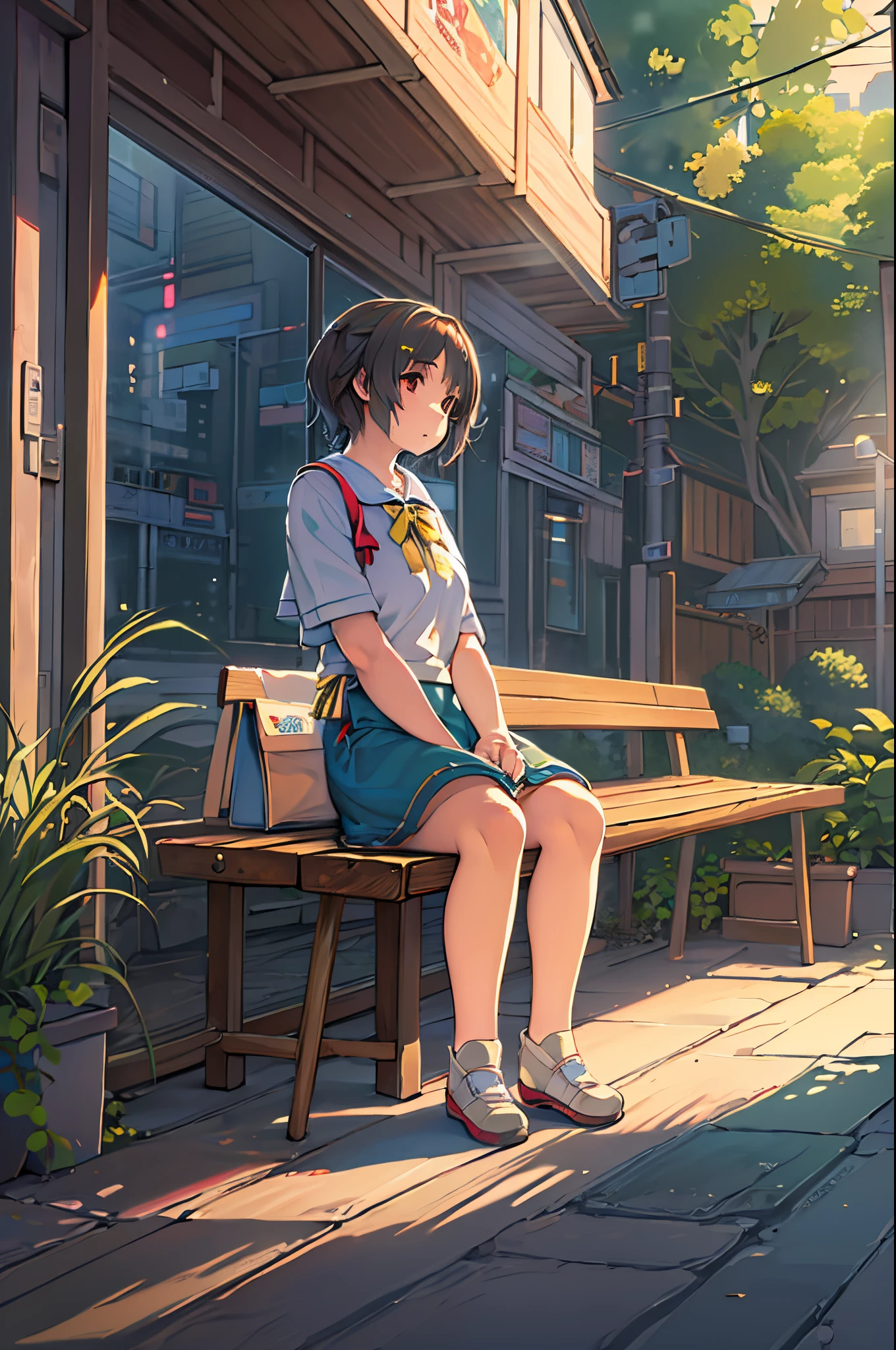 Chica anime sentada en un banco de madera con una maleta, Estilo artístico de Makoto Shinkai, Estilo Shinkai Makoto, pintado en estudio de pintor anime, Por Shinkai Makoto. una representación digital, chica lofi, ( ( Por Shinkai Makoto ) ), in the estilo de makoto shinkai, estilo anime 4k, estilo de makoto shinkai, hecho con estudio de pintor anime、resplandor de la tarde、Al anochecer