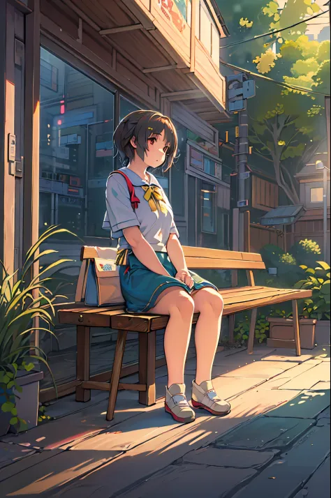 Anime girl sitting on a wooden bench with a suitcase, makoto shinkai art style, Shinkai Makoto style, painted in anime painter s...