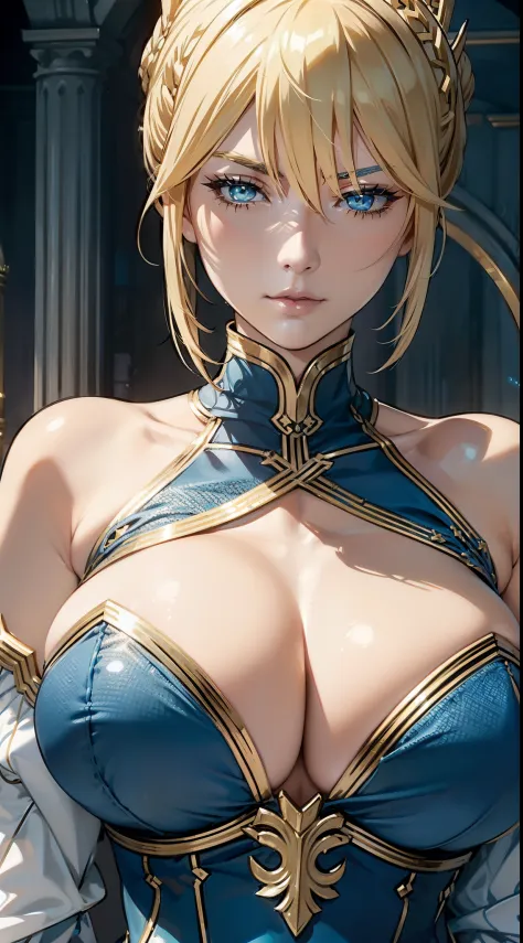 (Artoria Pendragon (Lancer)), adult female, elegant, braided bun, blonde, green eyes, (blonde eyelashes), blue leotard, curvaceous, bare shoulders, huge breast, cleavage cutout, close-up portrait, high resolution, extremely detail 8k cg, throne room.