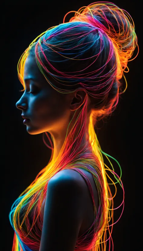 ((Ultra Long Exposure Photography)) high quality, highly detailed, Colorful beautiful woman silhouette made of millions of ultra bright neon strings, beautiful silhouette, by yukisakura, high detailed,