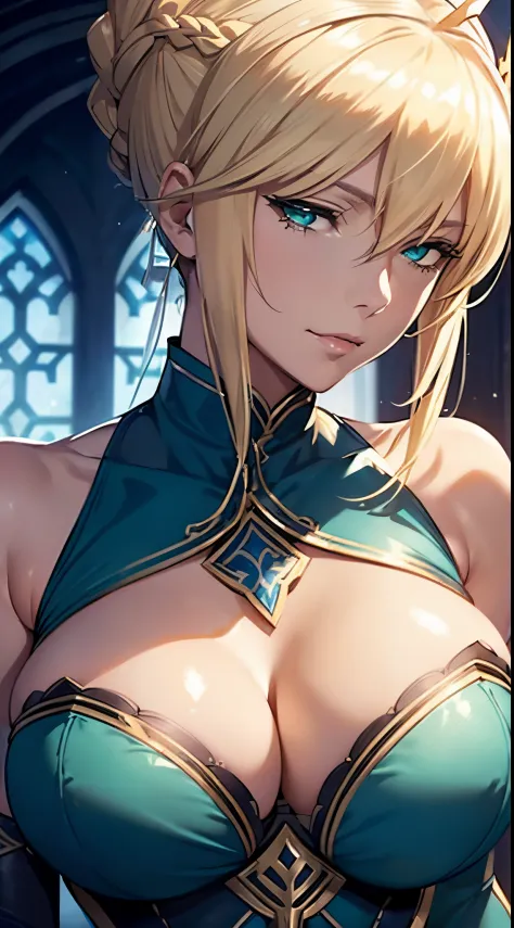 (Artoria Pendragon (Lancer) from fate/grand order), adult female, elegant, braided bun, blonde, green eyes, curvaceous, large breasts, bare shoulders, cleavage cutout, close-up portrait, high resolution, extremely detail 8k cg.