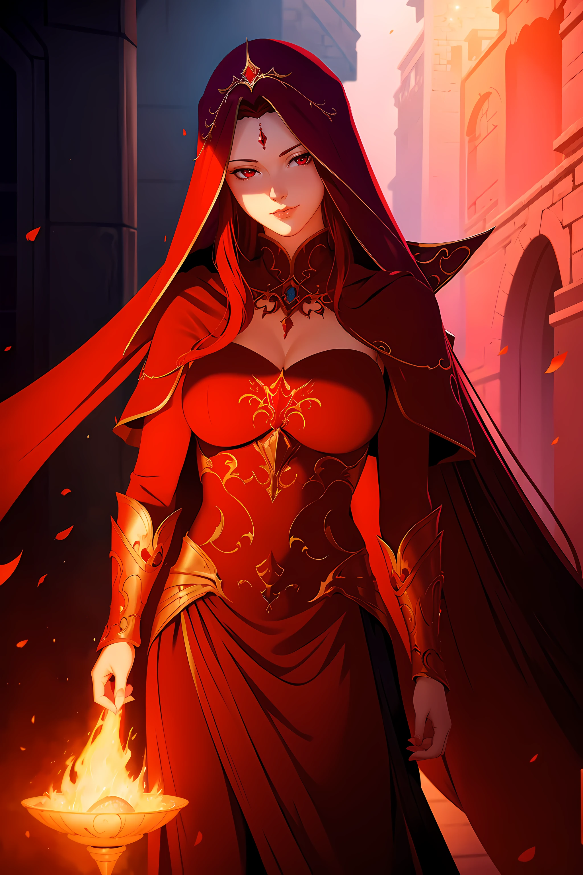 wearing red clothes、Red-haired woman wearing veil and headscarf, beautiful fantasy maiden, detailed fantasy art, beautiful fantasy art,Artgerm on ArtStation Pixiv, Beautiful teenage girl,2. 5D CGI anime fantasy artwork, fantasy art style,Fantasy style elegance，ellegance,Flames surround the body,upper part of body