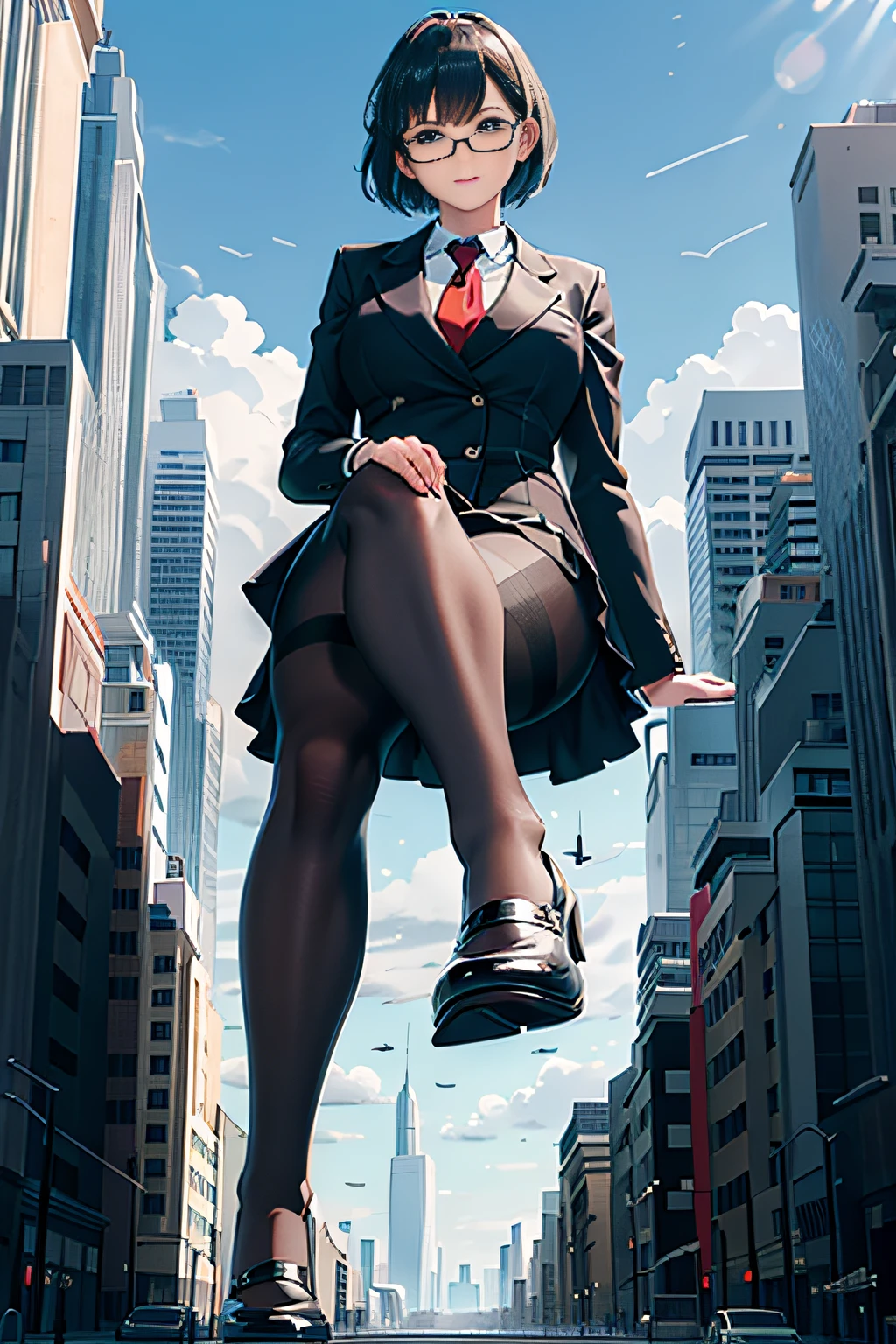 giantess art, a hyperrealistic schoolgirl, highly detailed giantess shot, der riese, Shorthair, Black pantyhose, A gigantic high school girl that exceeds a skyscraper, Wearing rimless glasses, Colossal tits, Navy blue blazer, Red tie, Mini Length Skirt, Black pantyhose, Pantyhose sole, Pantyhose Toe, hands off shoes, very small metropolis, Trying to destroy a miniature metropolis, Full body depiction, nffsw, Giga Giants, der riese, Black pantyhose, Pantyhose legs, Pantyhose sole, Stomping City, crash city, Small town, micro city,