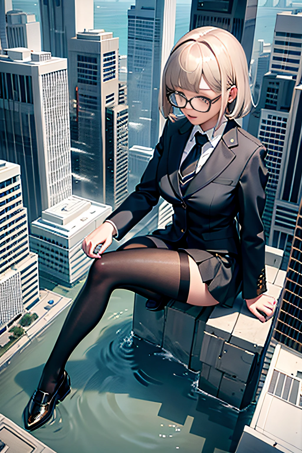 city map, giantess art, a hyperrealistic schoolgirl, highly detailed giantess shot, der riese, Shorthair, Black pantyhose, a huge high school girl、&#39;It&#39;s much bigger than a skyscraper, Wearing rimless glasses, Colossal tits, Navy blue blazer, Red tie, Mini Length Skirt, Black pantyhose, I'm not wearing shoes., very small metropolis, miniature metropolis, In a miniature metropolis just a few feet tall.、squatting and urinating, The city is a sea of urine, tsunami of urine, Small trains and cars are washed away with urine., Full body depiction, nffsw, Giga Giants, Black pantyhose, Pantyhose legs, Pantyhose feet, ,Stomping City,crash city,Small town,micro city, Peeing,