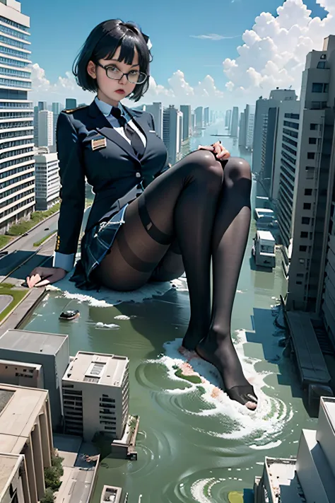 Bird View, giantess art, a hyperrealistic schoolgirl, highly detailed giantess shot, der riese, Shorthair, Black pantyhose, a huge high school girl、&#39;It&#39;s much bigger than a skyscraper, Wearing rimless glasses, Colossal tits, Navy blue blazer, Red t...