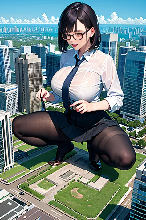 Bird View, giantess art, a hyperrealistic schoolgirl, highly detailed giantess shot, der riese, Shorthair, Black pantyhose, a huge high school girl、&#39;It&#39;s much bigger than a skyscraper, Wearing rimless glasses, Colossal tits, Navy blue blazer, Red t...