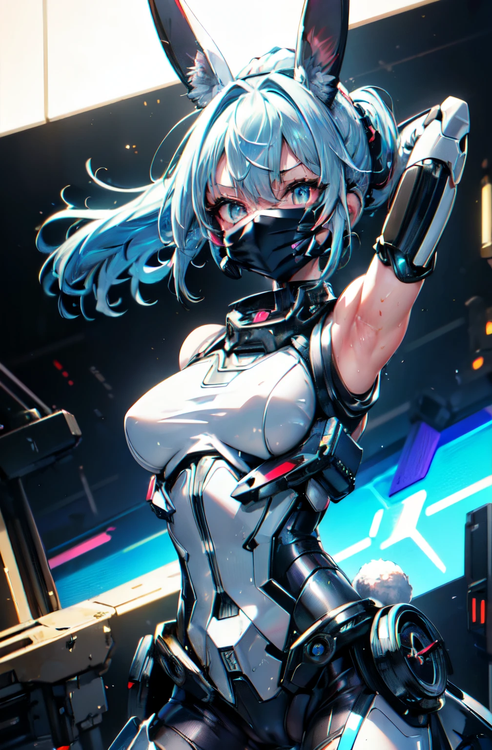 Transcendent Beautiful Girl, (Eyes of a masterpiece:1.3), (Sleeveless Exoskeleton Bodysuit:1.3), sweat skin, (Blue hair, Ponytail), (Show up, exposed armpit, Exposed groin), cowboys_shot, Side Focus, shiny, Colossal , wide_lower back, (Arms behind your head, Armpits), open stance, (Cybertech Punk Mouth Mask:1.2), cyberpunkcity, (Rabbit ears, Rabbit tail), masutepiece, Best Quality, Capture super cute moments, depth of fields, ultra-detailliert, Ultra High Resolution, C4D, Octadale, 3D Modeling, 8K, 16 K,