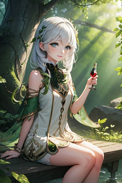 green leaf, flowing sunshine, calm atmosphere, foggy morning, chirping birds, Bright color quality, A high resolution), Detailed tree trunk, peaceful scenery, Peaceful atmosphere, in pastel shades, immersive experience, attractive beauty, and natural masterpieces.

a beautiful  woman, , The wine bottle inside her , Wine bottle with hands under thighs,  full, There is a lot of liquid on the bottle，sfw