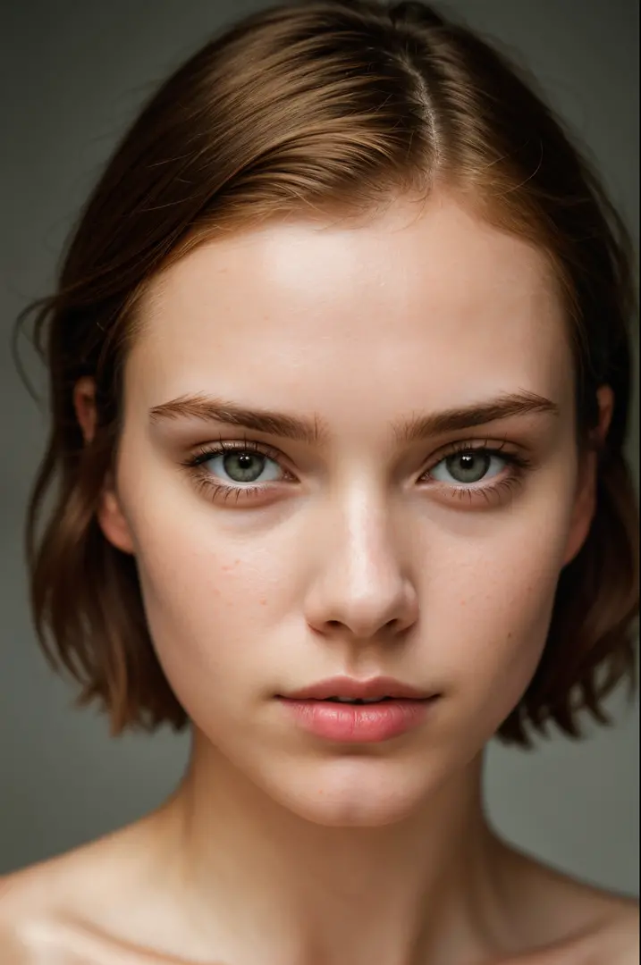 a photorealistic portrait of a stunningly beautiful girl without make-up, extremely detailed light grey eyes, detailed symmetric realistic face, natural skin texture, extremely detailed skin with skin pores, peach fuzz, short ginger hair, masterpiece, awar...