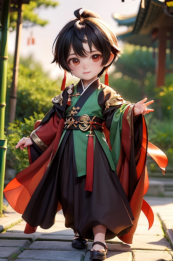 bestquality, masterpiece,1 Boy, Full body, chibi,  Chinese assassin in black, ((Bamboo Forest)),