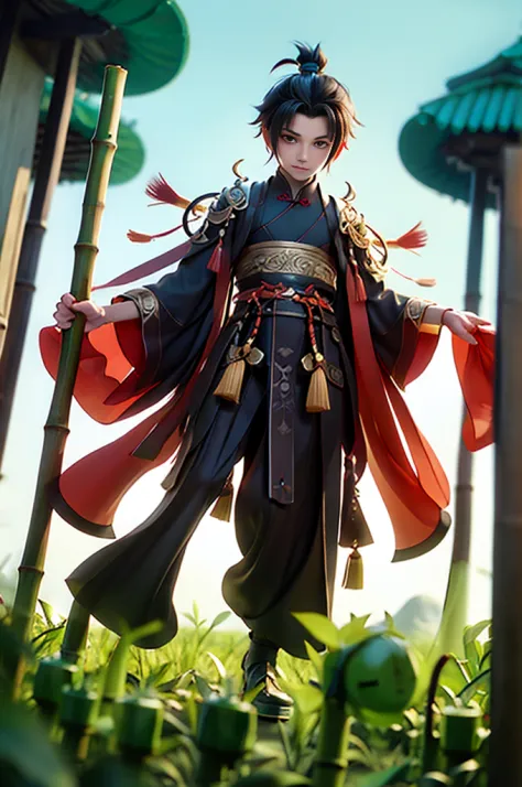 bestquality, masterpiece,1 boy, full body, chibi,  chinese assassin in black, ((bamboo forest)),