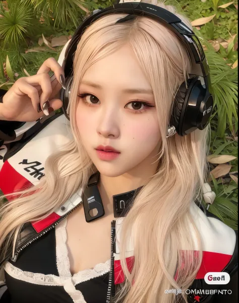 blond haired girl with headphones on sitting on a motorcycle, belle delphine, perfect white haired girl, with head phones, with headphones, artwork in the style of guweiz, cl, portrait of jossi of blackpink, roseanne park of blackpink, ava max, ig model | ...