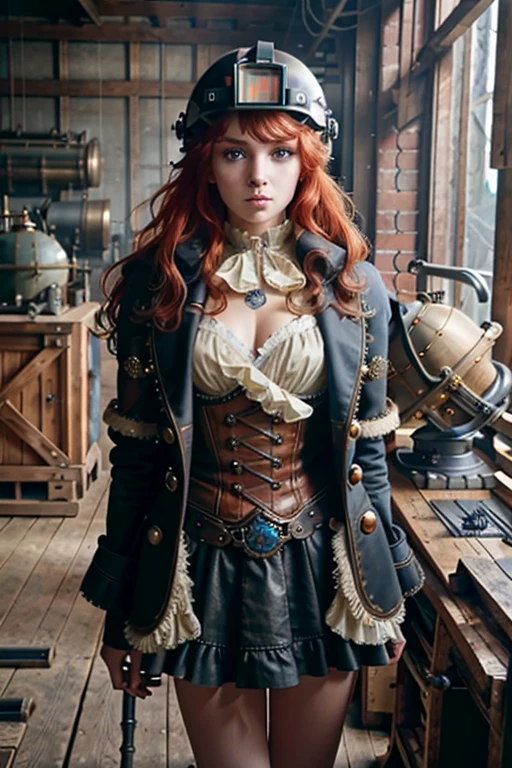 (8k, RAW photo, highest quality), beautiful girl using tools next to a desk, in a factory,  water pipe, water tank, 18 century,  red head, steampunk aviary helmet ,avairy coat, (detailed eyes:0.8), (looking at the camera:1.4), (highest quality), (best shadow), intricate details, interior, dark studio, muted colors,  (steam punk),