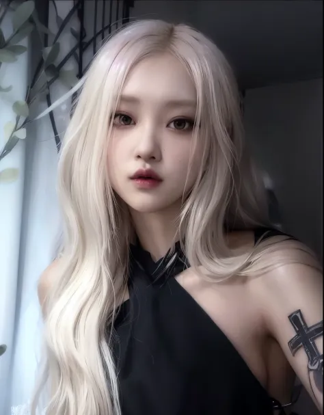 blond woman with long hair and cross tattoo on her arm, portrait of jossi of blackpink, roseanne park of blackpink, with long blond hair, pale porcelain white skin, with white long hair, with long white hair, extremely pale blond hair, pale hair, cruel kor...