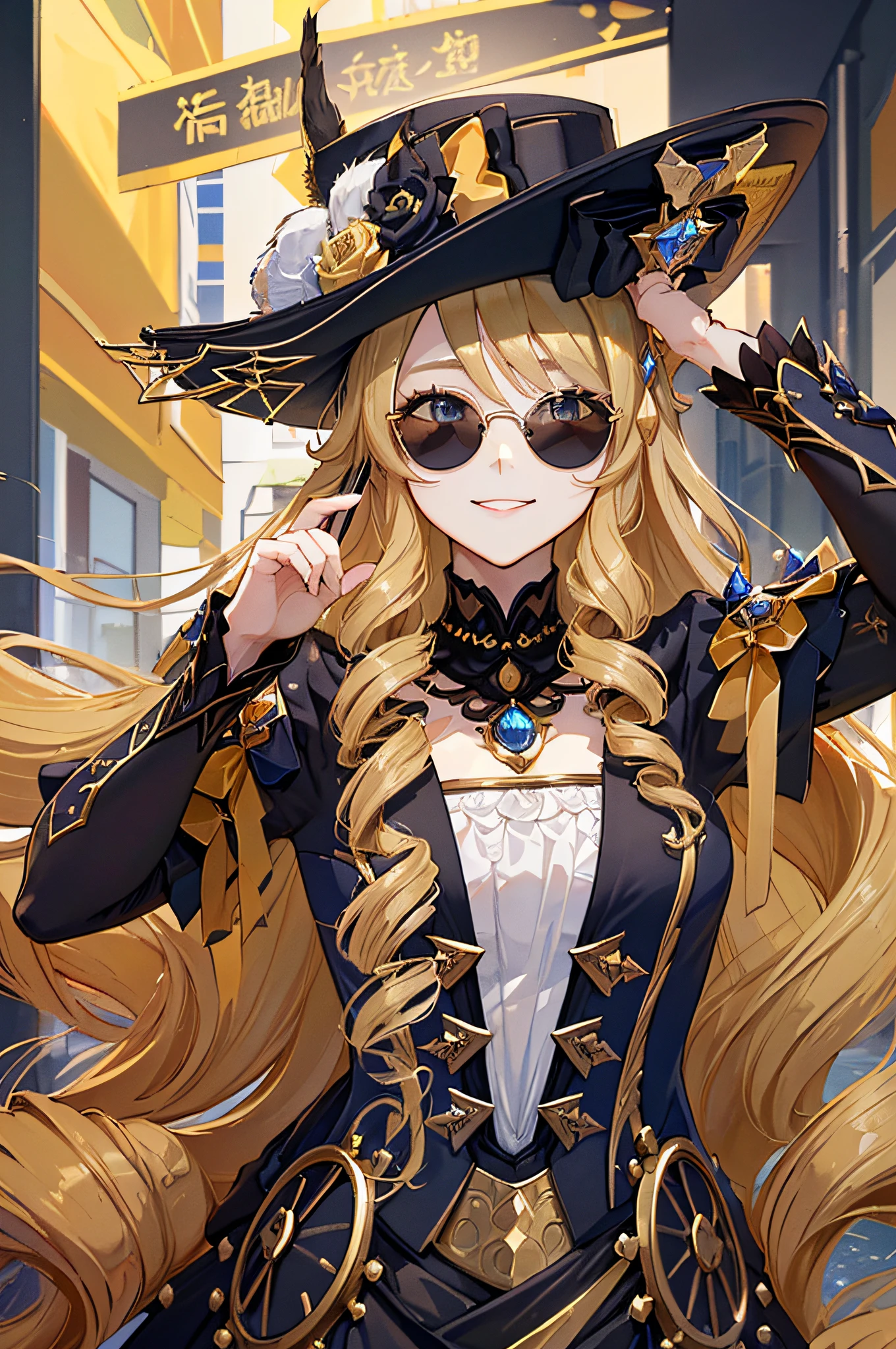 (hyper detailed background, top-quality、4K、Wear a big hat、Golden hair、Wear sunglasses、Touch your black sunglasses with your right hand、Face up、独奏、Upper Body Up、A smile、Clean face、perfect hand、Looking at the camera、Market Background