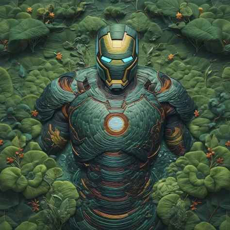 ((best quality)) , ((masterpiece)) , (detailed) ,Iron Man pattern, (embroidery:1.3) , it is Verdant and [Hideous|Tired],Smoky Conditions, horizon-centered, Neo, Ethereal Lighting, Fish-eye Lens, deep green color grading