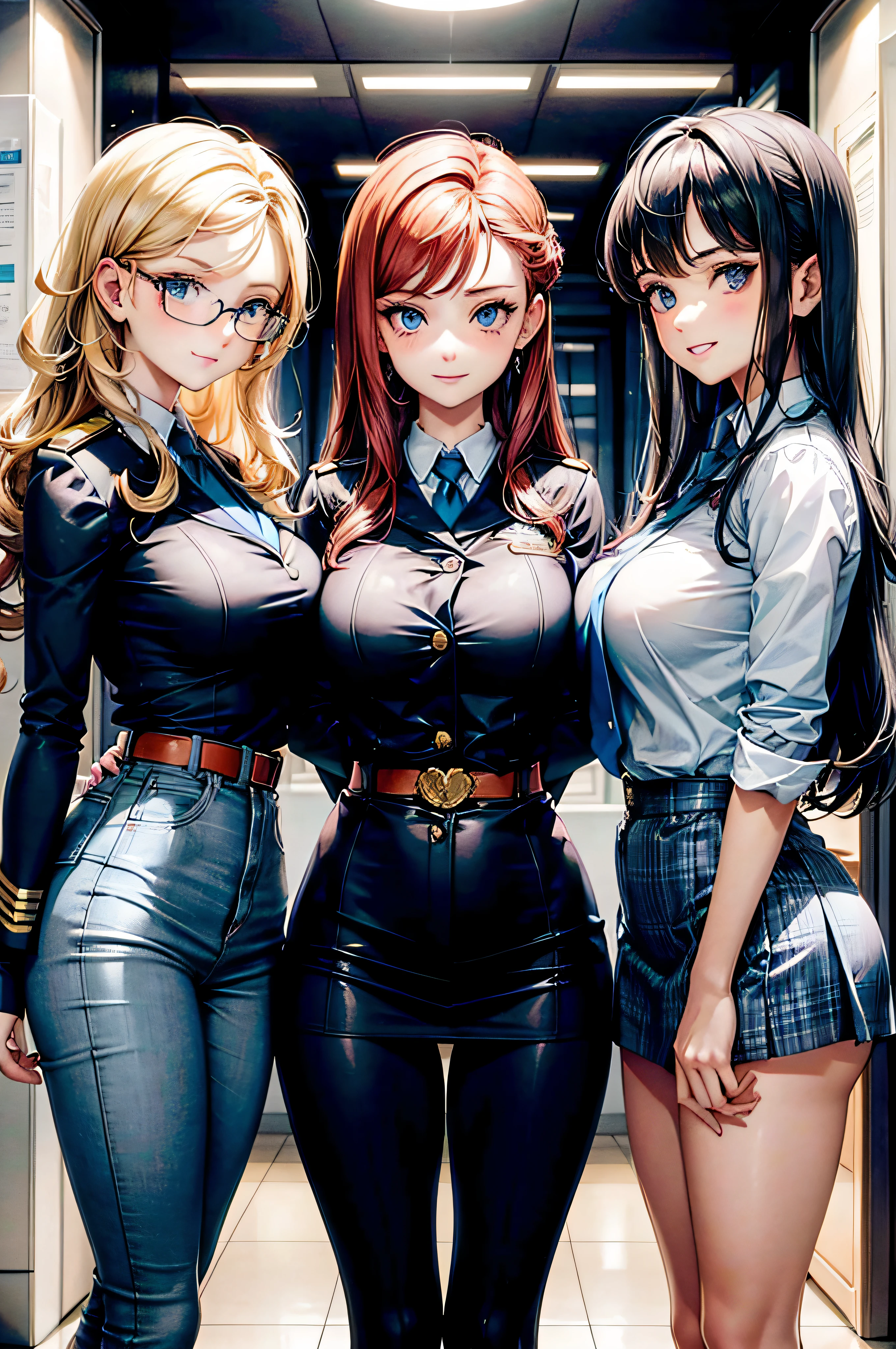 draw three different girls, the first is brunette with curls and blue eyes, the one in the middle is a beautiful blonde with wide eyes and the third from the right is a redhead with fair skin and blue eyes., the three are wearing student uniforms and looking at the viewer with a mischievous look, com mais uniforme estudantil, full of details and all three wearing glasses, sorrir maliciosamente para o telespectador, Ultra resolution, sobrancelhas franzidas e sorriso malicioso