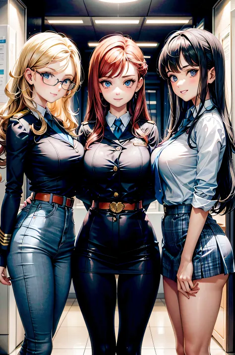 draw three different girls, the first is brunette with curls and blue eyes, the one in the middle is a beautiful blonde with wid...