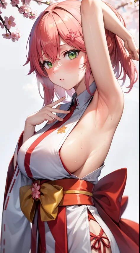 masterpiece,highres,Sakura Miko,1girl,pink hair,green eyes,(Side-tail1.5),miko custom,shoulder,side boobs,upper body,endured face,nose blush,sweating,side boobs focus, shoulder focus,armpit,upper body,side view,looking at viewer,under cherry blossom,five f...