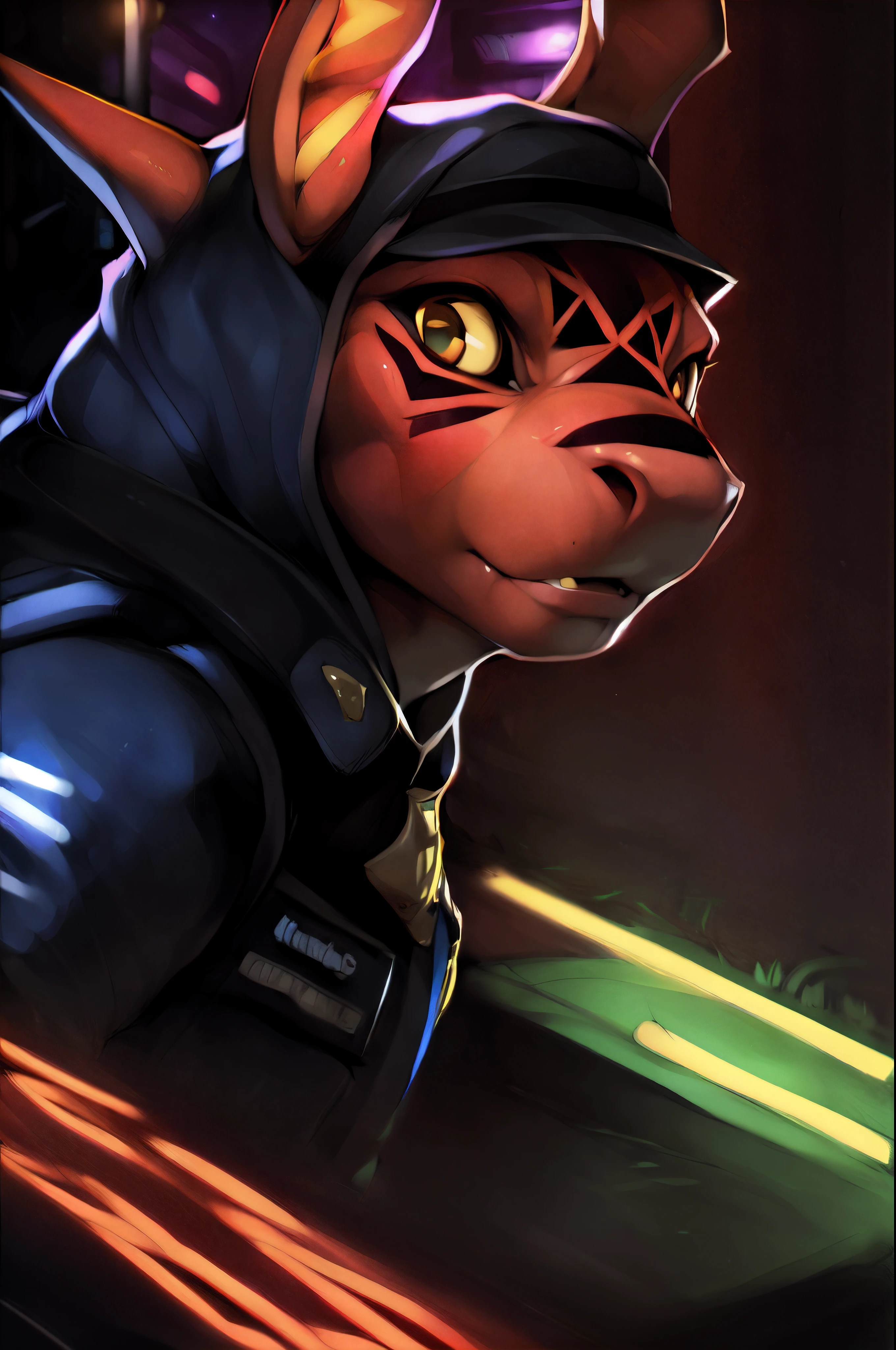 ((((by null-ghost, by darkgem, by zackary911))), male, solo, (guilmon), detailed skin, detailed eyes, finely detailed paws, tail, finely detailed yellow eyes with black iris, white sclera, safe, muscular, big muscles, standing, black sleeveless police uniform ,night, akihabara, tokyo, street, neon lights, moonlight, (cinematic light, close up shot, ground level shot)