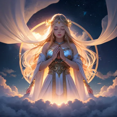 elysium above clouds with goddess of love with silk cloths, closed eyes, blonde, long hair at top center, frontal view, light fo...