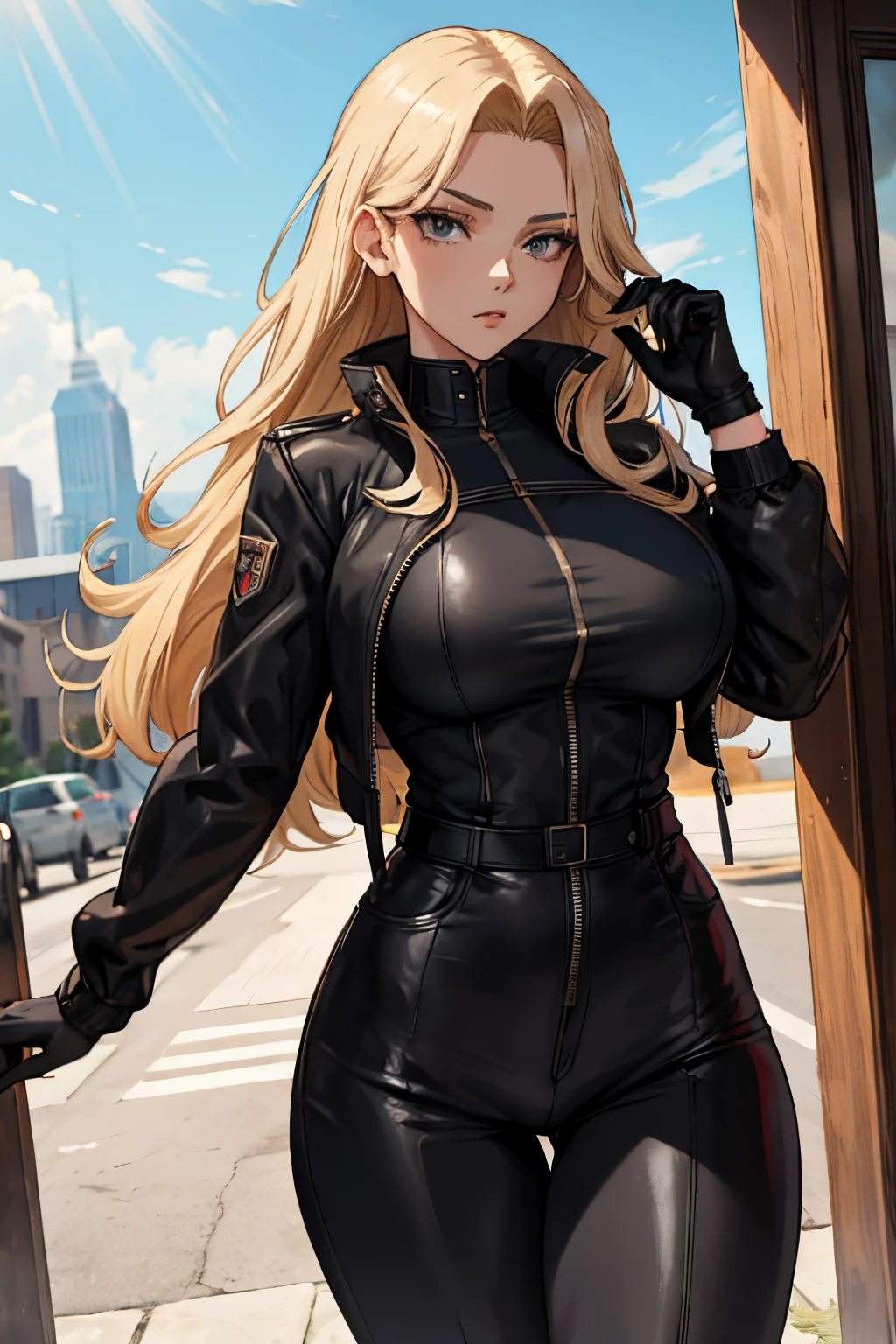 uma linda mulher, estilo anime, Cabelo loiro comprido, olhos cinzentos, muscular, vestindo uma jaqueta preta fechada, Luvas de couro preto, calças pretas
