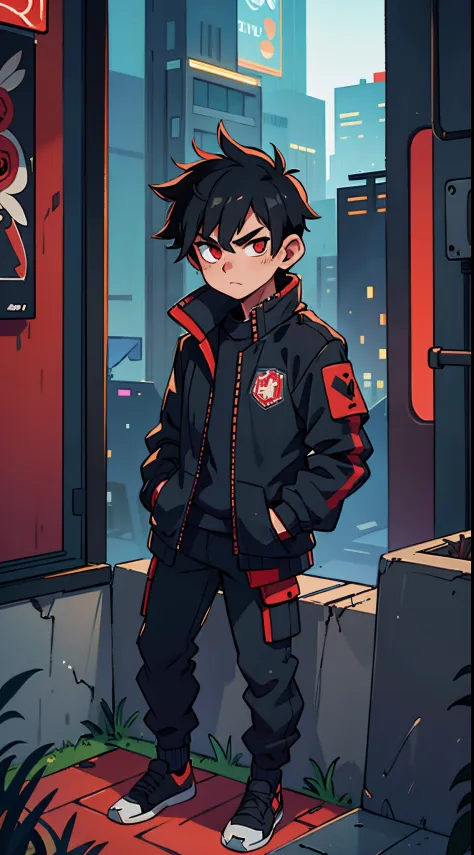 1 male black haired , black jacket, red eyes , sitting down , night time, in cyberpunk city, hands in pockets