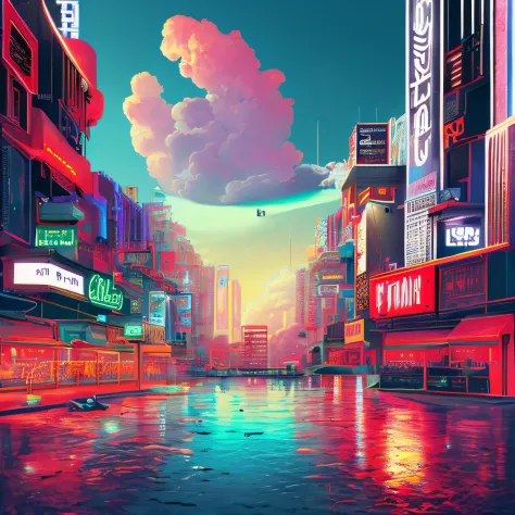 heaven if it were cyberpunk, volumetic, neon light, nuage, lights, angelical, beaux paysages