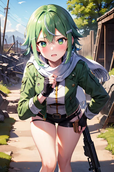 top-quality, 8K, ultra-detailliert, Photorealsitic, ​masterpiece, top-quality, hight resolution, 1girl in, sinon1, (Face Focus:1.3), scarf, Fingerless gloves, white clothes and green jacket, hair adornments, hair clips, Have a gun, Sniper rifle, Ruins, wor...
