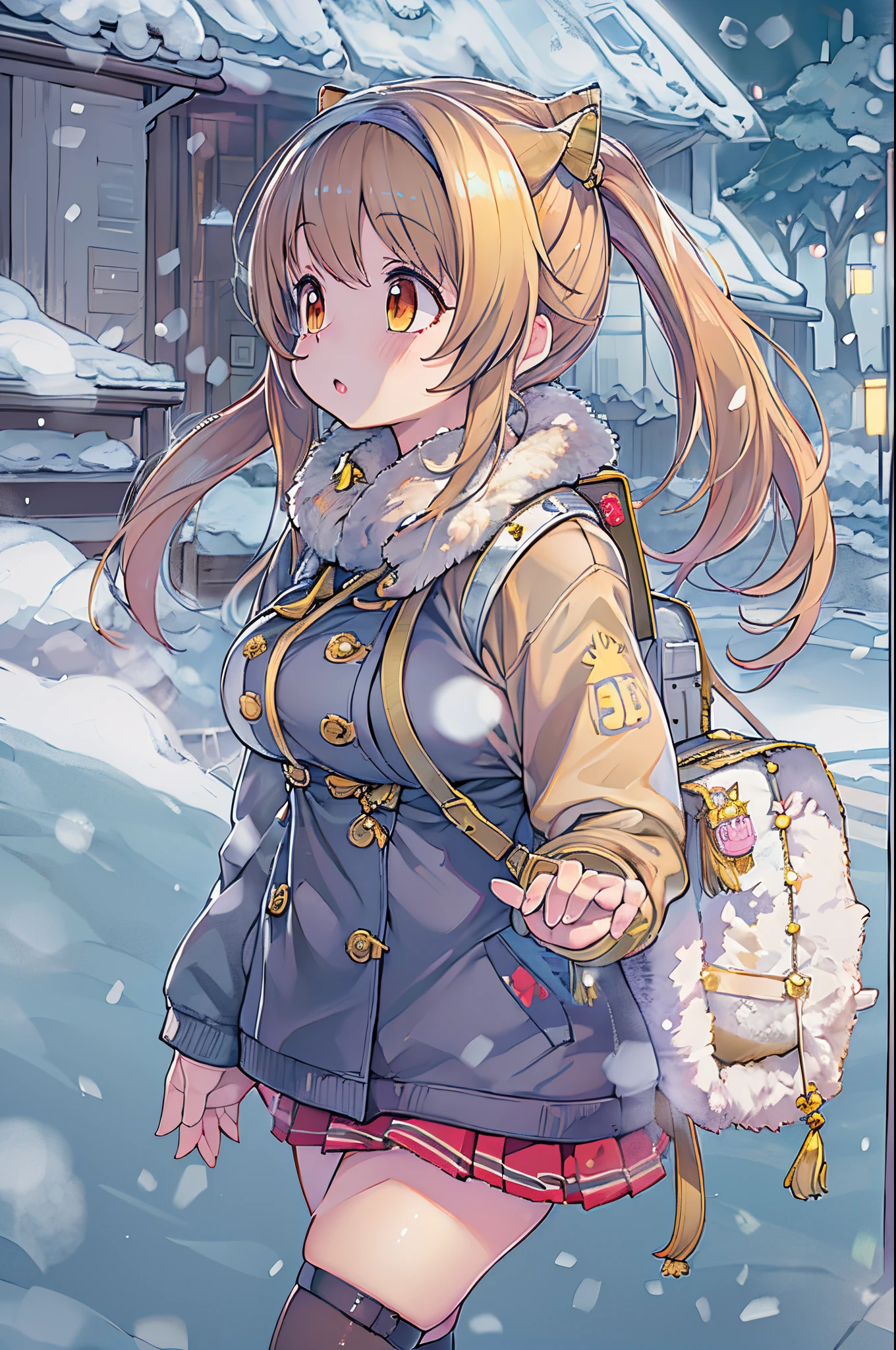 Anime girl in winter clothes walking in snow with a backpack - SeaArt AI