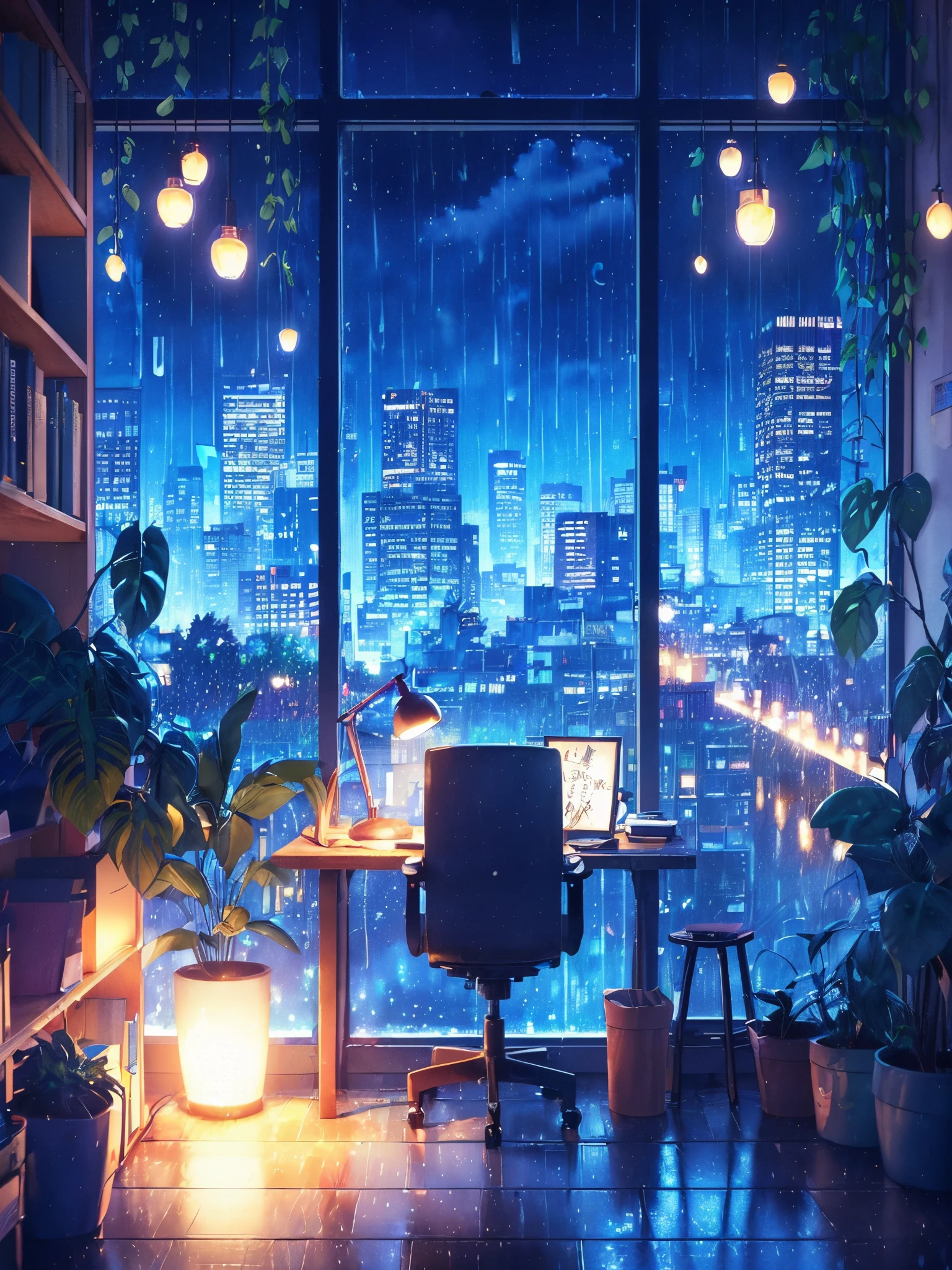 Draw an anime lofi scene of midnight work desk, raining, cityscape from window, long leaves plant pots, bokeh, chair, small lamp, dim light, book shelf, glow, vibrant saturated colors, no one, decorated, night, no human, blue cloudy sky, beautiful color palette