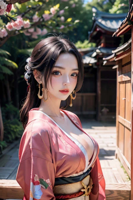 Masterpiece, best quality, Boa Hancock, 1girl, breast, solo, cleavage, long hair, red kimono, earrings, necklace, brown hair, blush cheek, standing, looking at viewer, smoking, japanese castle background, ultra detailed, realistic, black hair