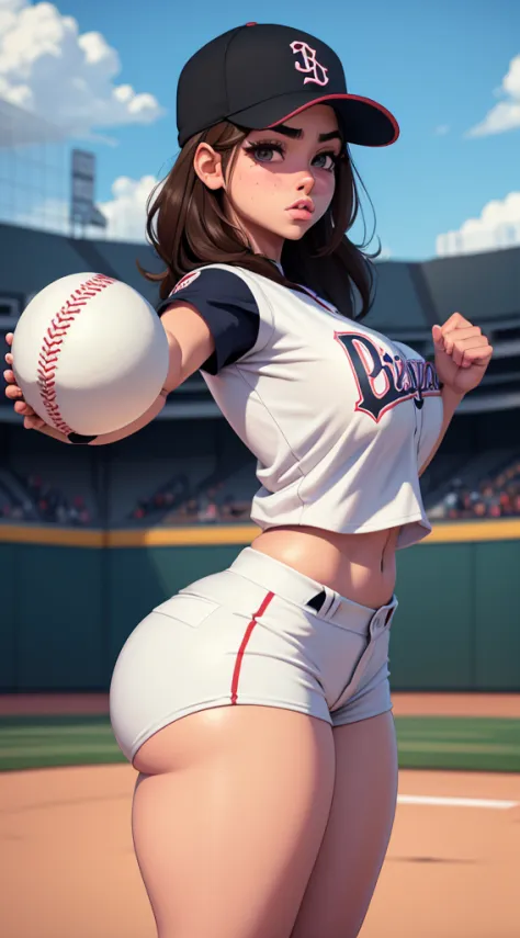 Girl baseball pitcher player in throwing position with ball in hand and glove, piel blanca con pecas, gorra de baseball, cabello...
