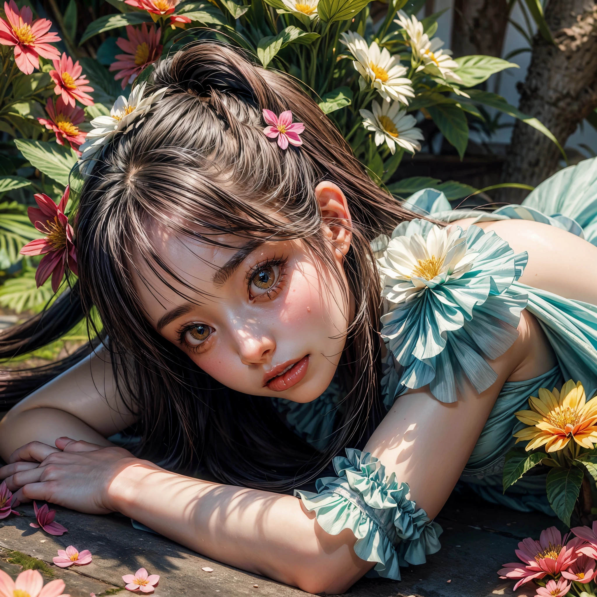 (((many KAWAII girls laying on flowers, flower background, concept art, from below))), ((SFW)), (Exposed:1.2), (nipple:-0.9), (Acutance:0.8), (Extremely Detailed KAWAII Face variations), ( 8K finest-quality, ultra-detailed), ( realistic, (Hyper-Realism:1.37), ), an extremely delicate and beautiful, (( covered girl's body with many many flowers)), ( no extra limbs ) . full of flowers, filled with flowers, Overflowing flowers .