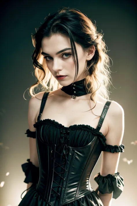 Award-winning color photograph of a Victorian vampire... cherrynobodysd15+ wearing a black dress, leather corset, Dark Mist Vill...